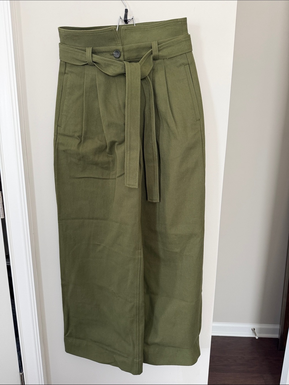 A.L.C. Olive Green High-Waist Wide-Leg Trousers with Tie Belt